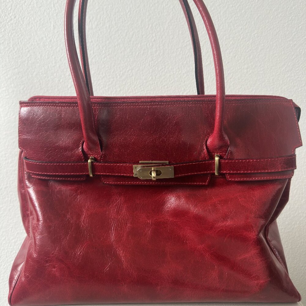 Timeless Red Leather Structured Satchel | Handmade European Top Handle Work Bag
